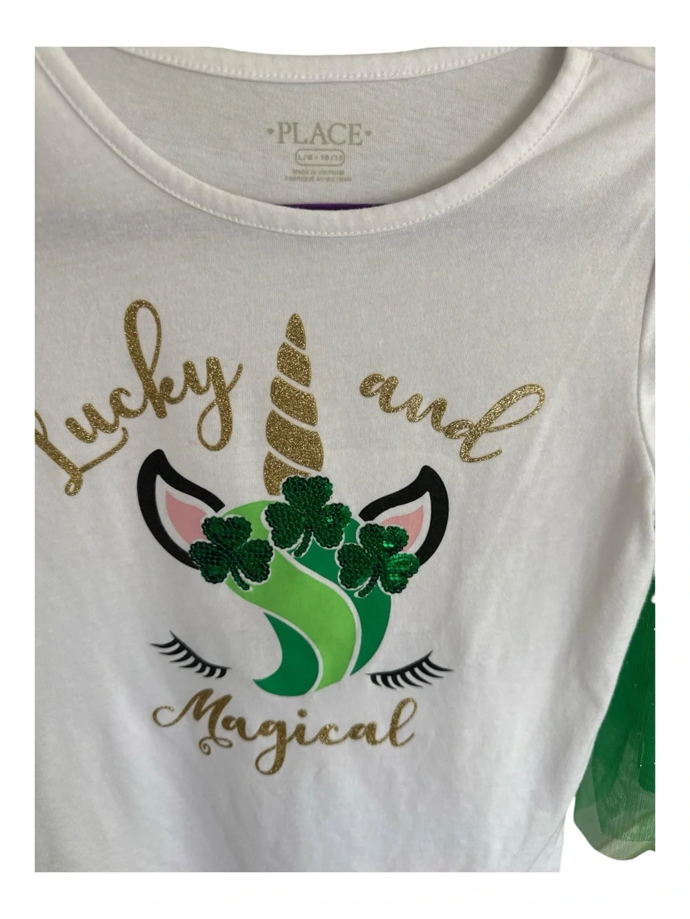 Place White Tee with Gold & Green Unicorn Graphic and Green Tulle Skirt